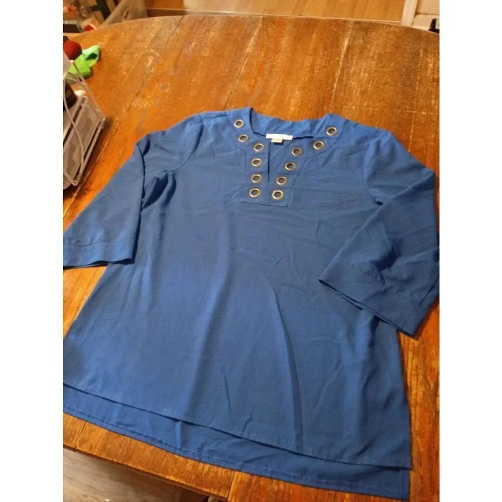 Large August Silk Blue Long Sleeve V Neck Pullover Shirt Top Blouse